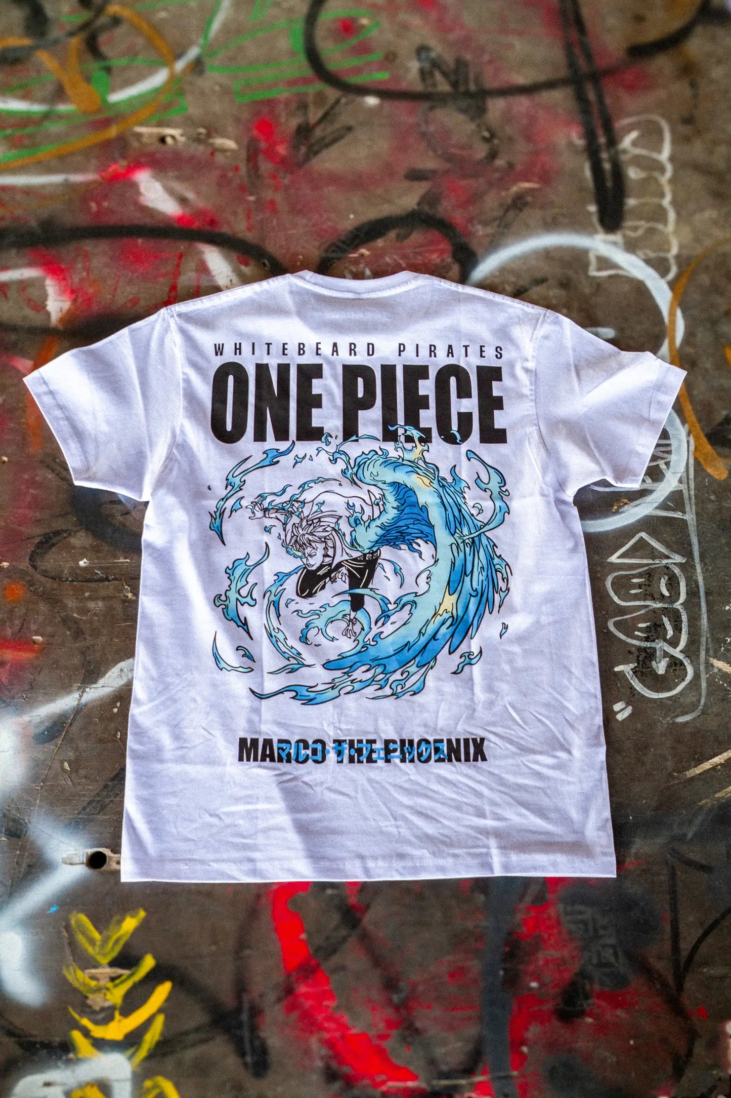 Camiseta blanca de manga corta 100 % algodón con cuello redondo y diseño en la espalda de Marco the Phoenix, personaje de One Piece.