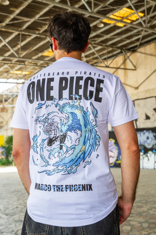 Camiseta blanca de manga corta 100 % algodón con cuello redondo y diseño en la espalda de Marco the Phoenix, personaje de One Piece.